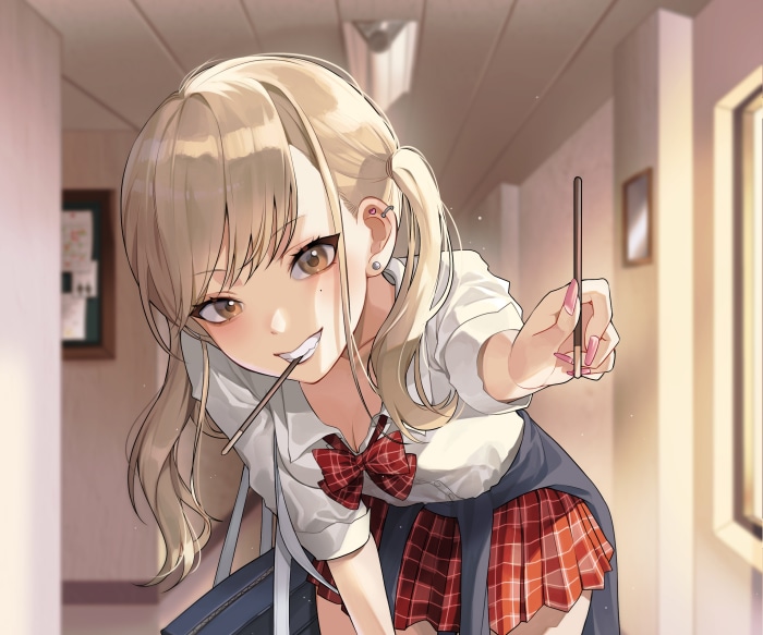 Girl in School Uniform Eating Pocky