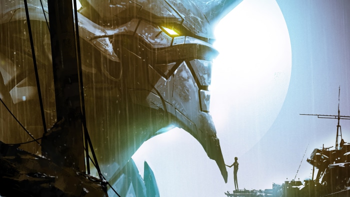 Evangelion Unit-01 and a small figure in the rain