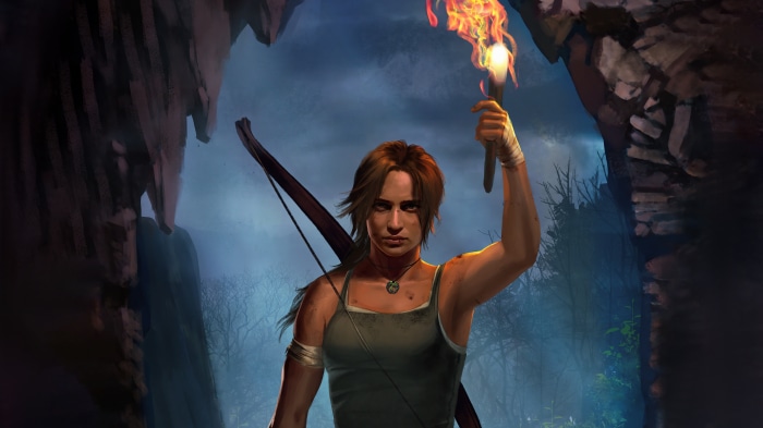 Lara Croft from Tomb Raider holding a torch