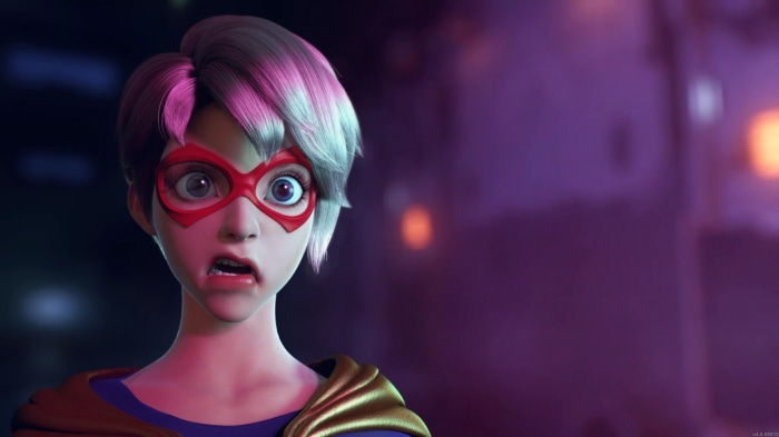 Girl with pink and white hair wearing a superhero costume