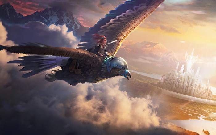 Girl riding a fantasy bird towards a glowing city