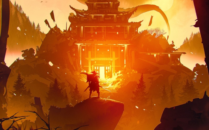 Fantasy Samurai in front of a temple
