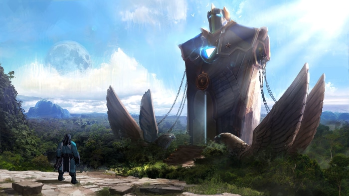 Giant statue with eagle wings and a person in a jungle