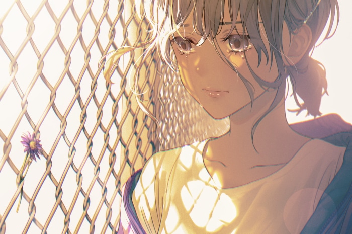 Anime girl crying by a fence