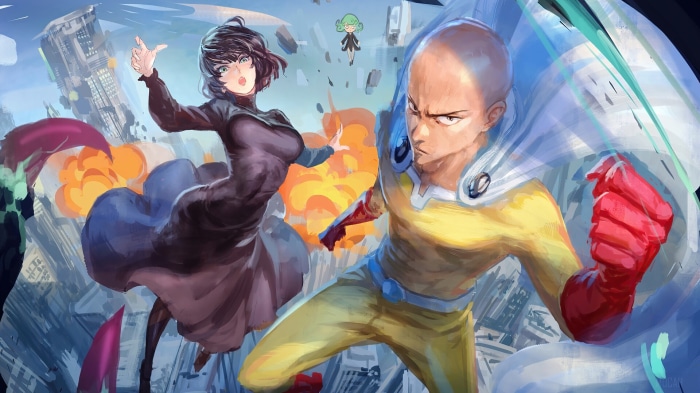 Saitama and Fubuki from One-Punch Man in a city battle