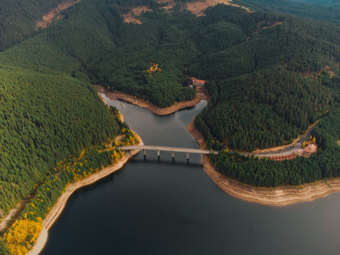 Aerial view of a lake and forest with a bridge