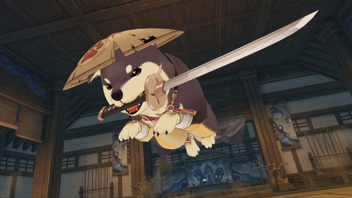 Shiba Inu Warrior with Sword in Genshin Impact 4K
