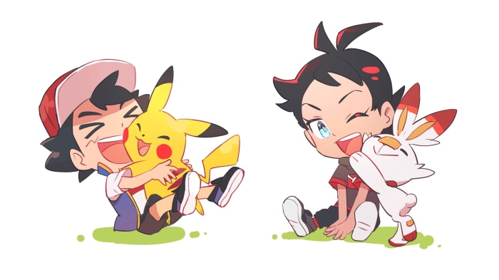 Chibi Ash and Goh with Pikachu and Scorbunny