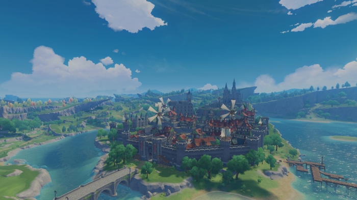 Genshin Impact Mondstadt Cityscape with River and Bridge