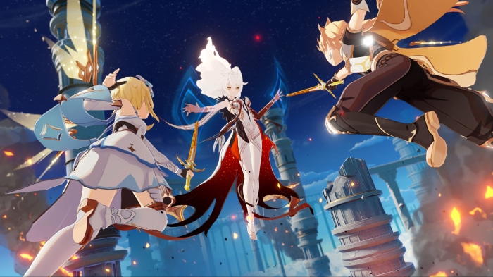 Aether and Lumine from Genshin Impact in battle