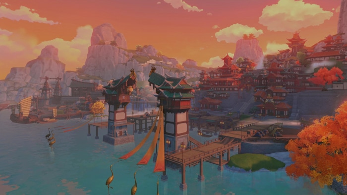 Liyue Harbor from Genshin Impact at sunset