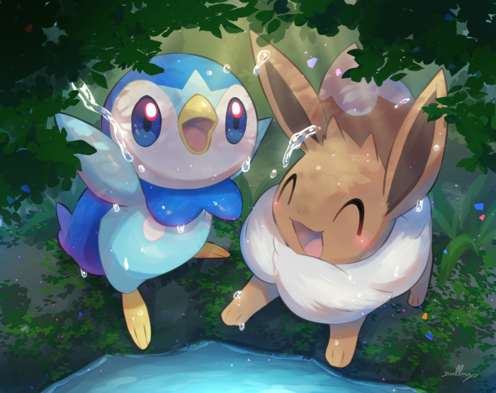 Piplup and Eevee in a forest