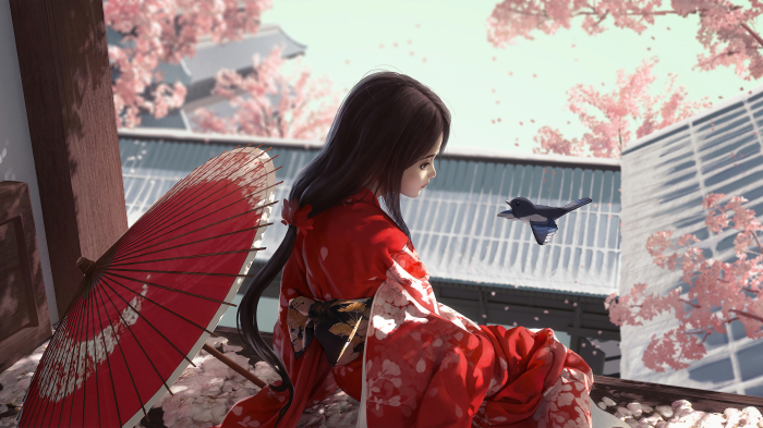 Girl in Kimono with Umbrella and Bird