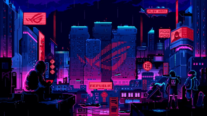 Pixel art cyberpunk city with Asus ROG logos