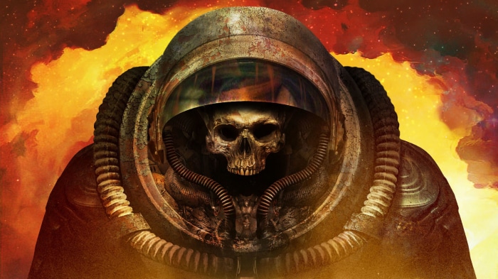 Astronaut skull in a helmet in space