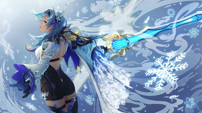 Eula from Genshin Impact with a sword