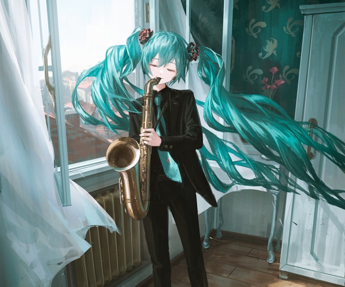 Hatsune Miku playing saxophone by the window