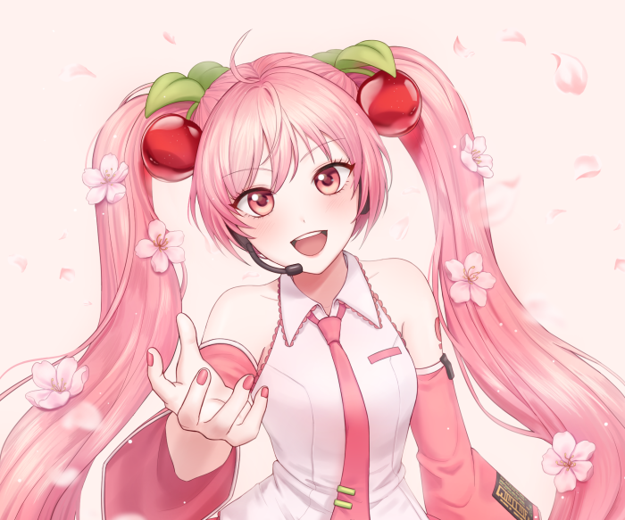 Hatsune Miku with cherry twin tails and flowers