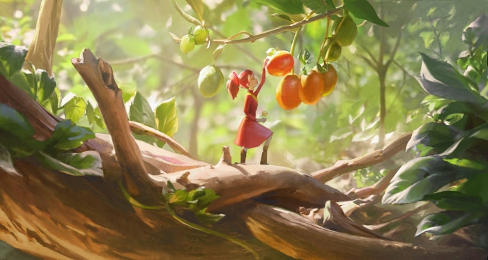 Arrietty picking fruit in a forest