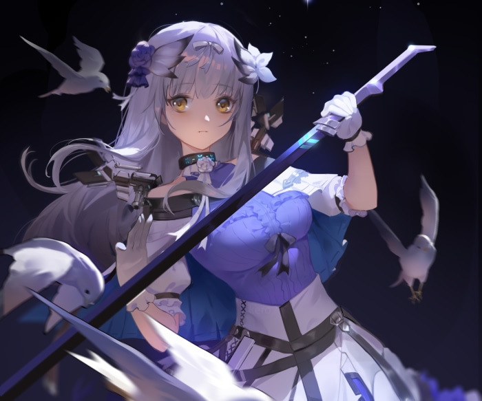 Bibeak from Arknights with sword and birds