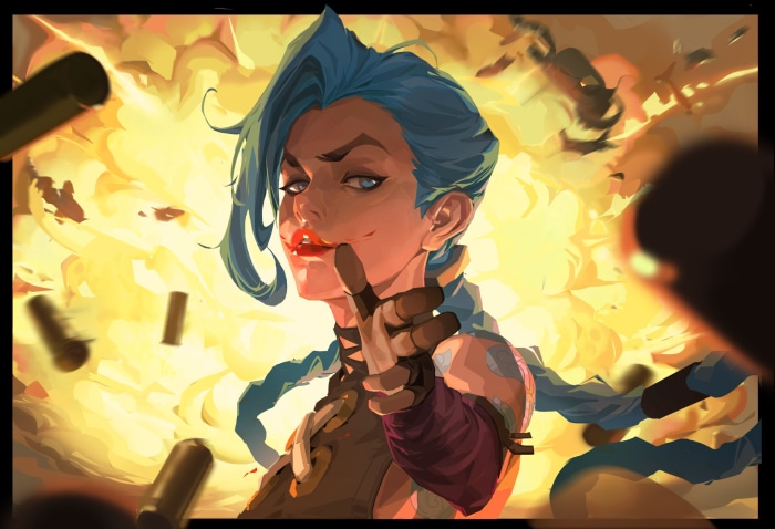 Jinx from League of Legends in an explosion