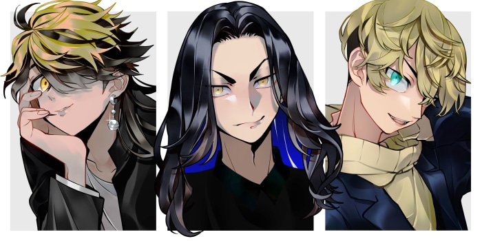 Chifuyu Matsuno, Kazutora Hanemiya, and Keisuke Baji from Tokyo Revengers