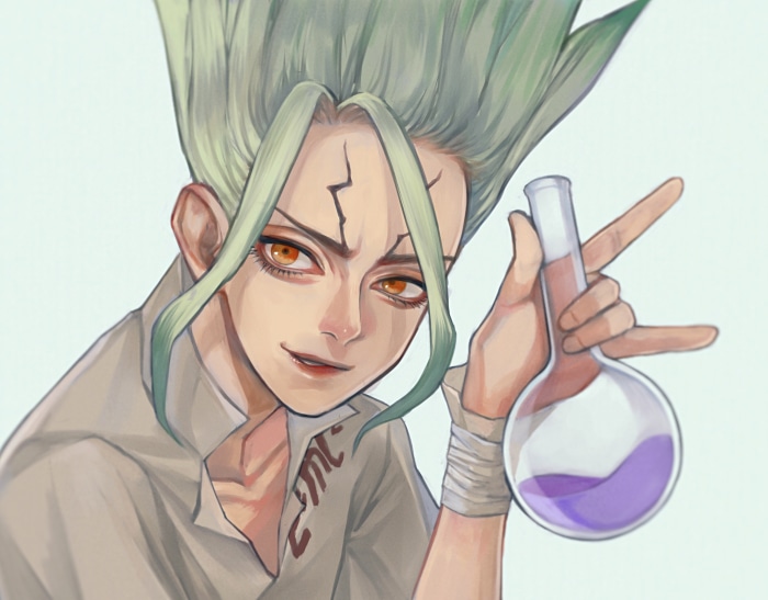 Senku Ishigami from Dr. Stone holding a flask