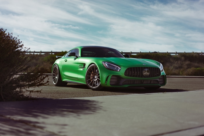 Green Mercedes-AMG GT R parked outdoors