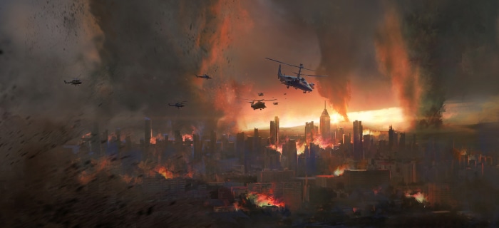 Apocalyptic Cityscape with Helicopters and Tornadoes 4K