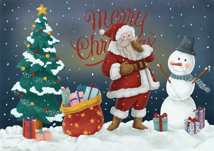 Christmas Tree, Snowman, and Santa Claus with Gifts