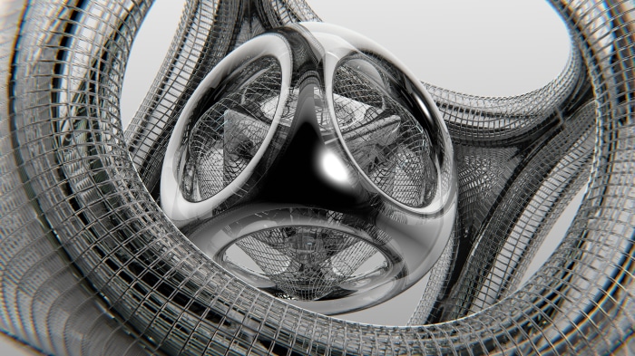 Abstract metallic sphere inside a wireframe structure