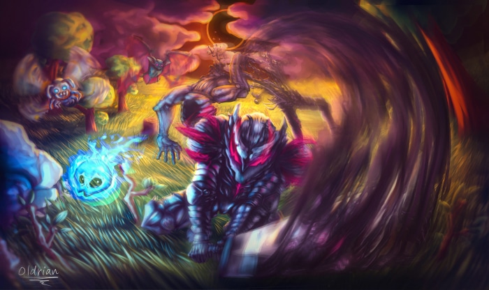 Guts from Berserk in a dark fantasy landscape