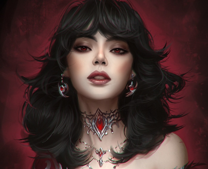 Fantasy Woman with Black Hair and Red Eyes