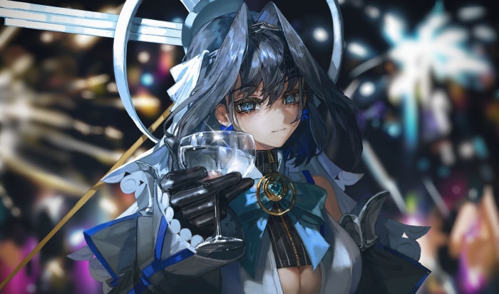 Ouro Kronii holding a glass of water