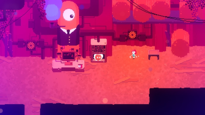 A character in a suit and a child in a pink factory