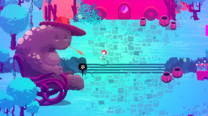 A large purple creature in a wheelchair with a hat
