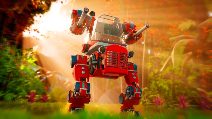 Red mech in a vibrant alien jungle