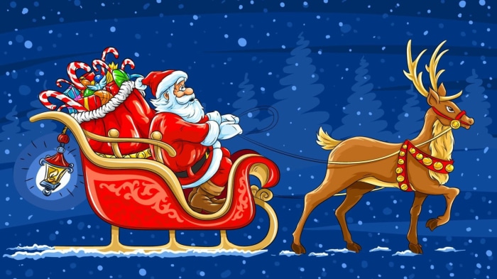 Santa Claus in a Sleigh Pulled by a Reindeer