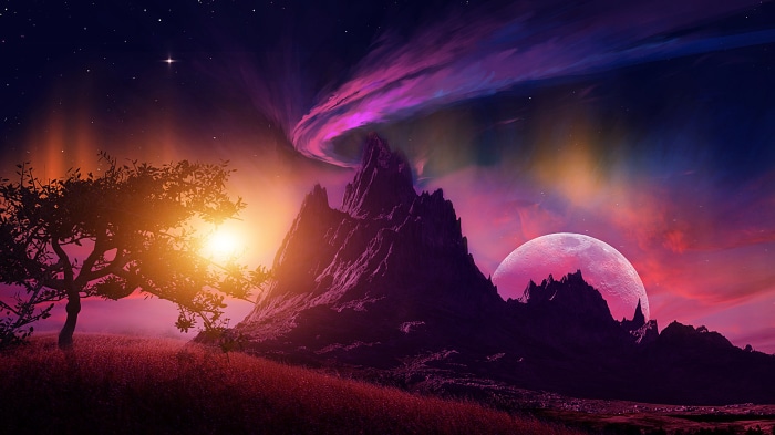 Fantasy landscape with mountains, moon, and aurora
