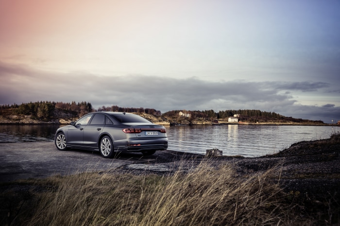 Audi A8 quattro S line sedan by water
