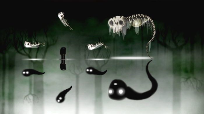 Happy Game creatures in a dark, misty environment