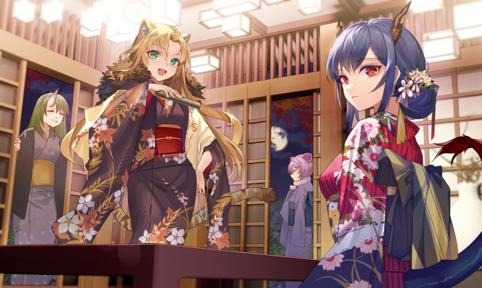 Arknights characters in kimonos at a traditional Japanese inn