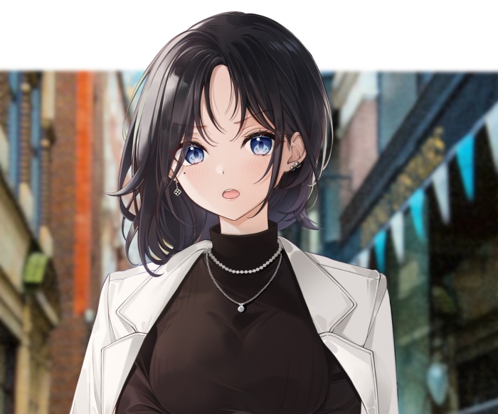 Anime girl with black hair and blue eyes wearing a white jacket