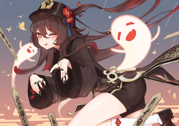 Hu Tao from Genshin Impact with a ghost companion