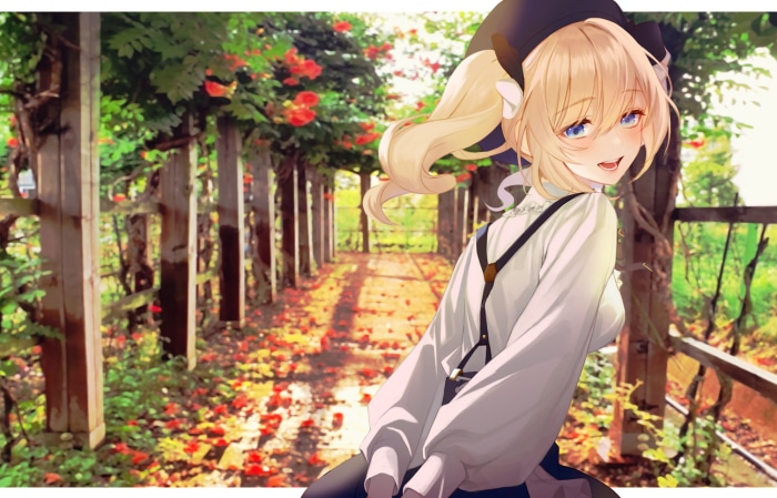 Barbara from Genshin Impact in a garden path