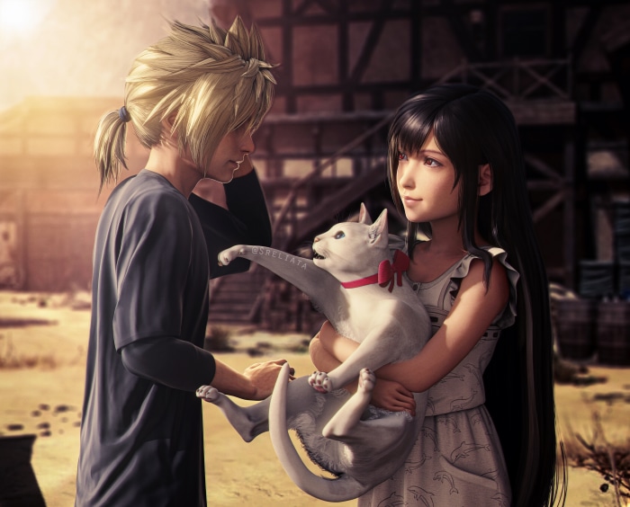 Cloud Strife and Tifa Lockhart with a cat from Final Fantasy VII Remake 4K
