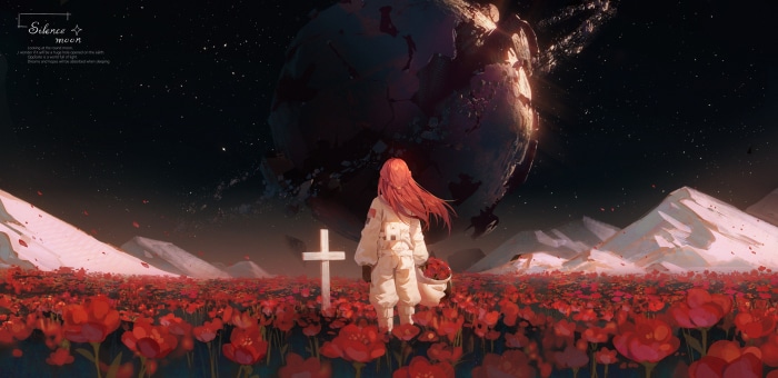 Girl in astronaut suit in a field of red flowers