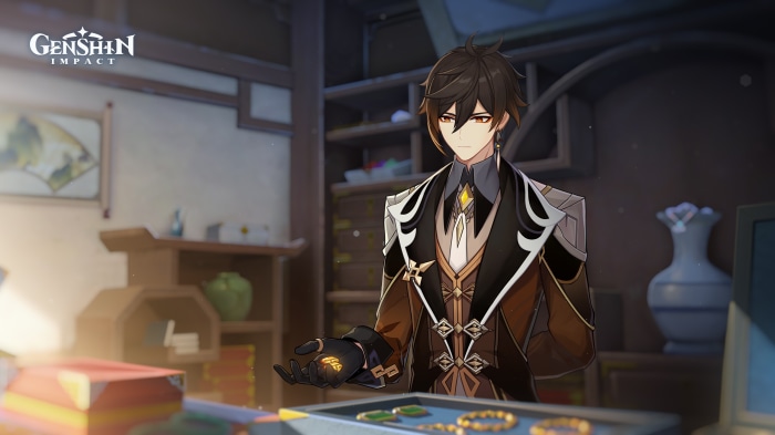 Zhongli from Genshin Impact holding a glowing object