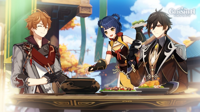 Tartaglia, Xiangling, and Zhongli from Genshin Impact eating