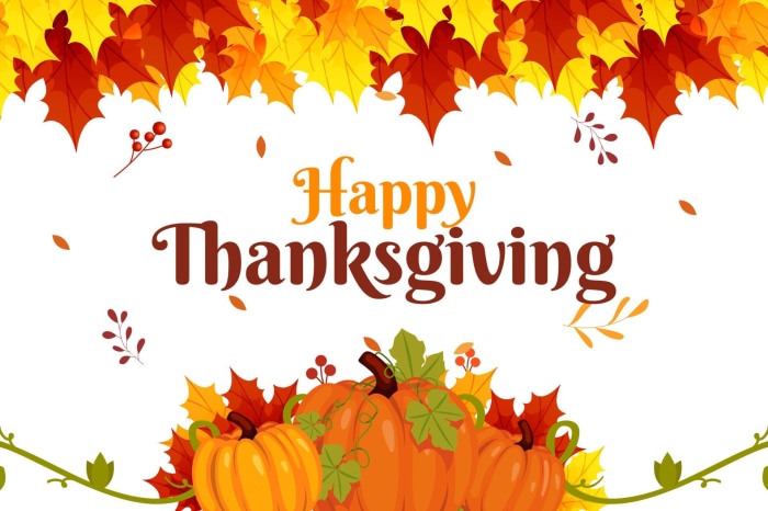 Happy Thanksgiving with Pumpkins and Autumn Leaves
